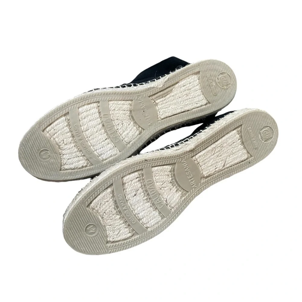 TONI PONS Black Canvas Flat Slip-On Espadrilles Sandals Shoes Black Tan 41